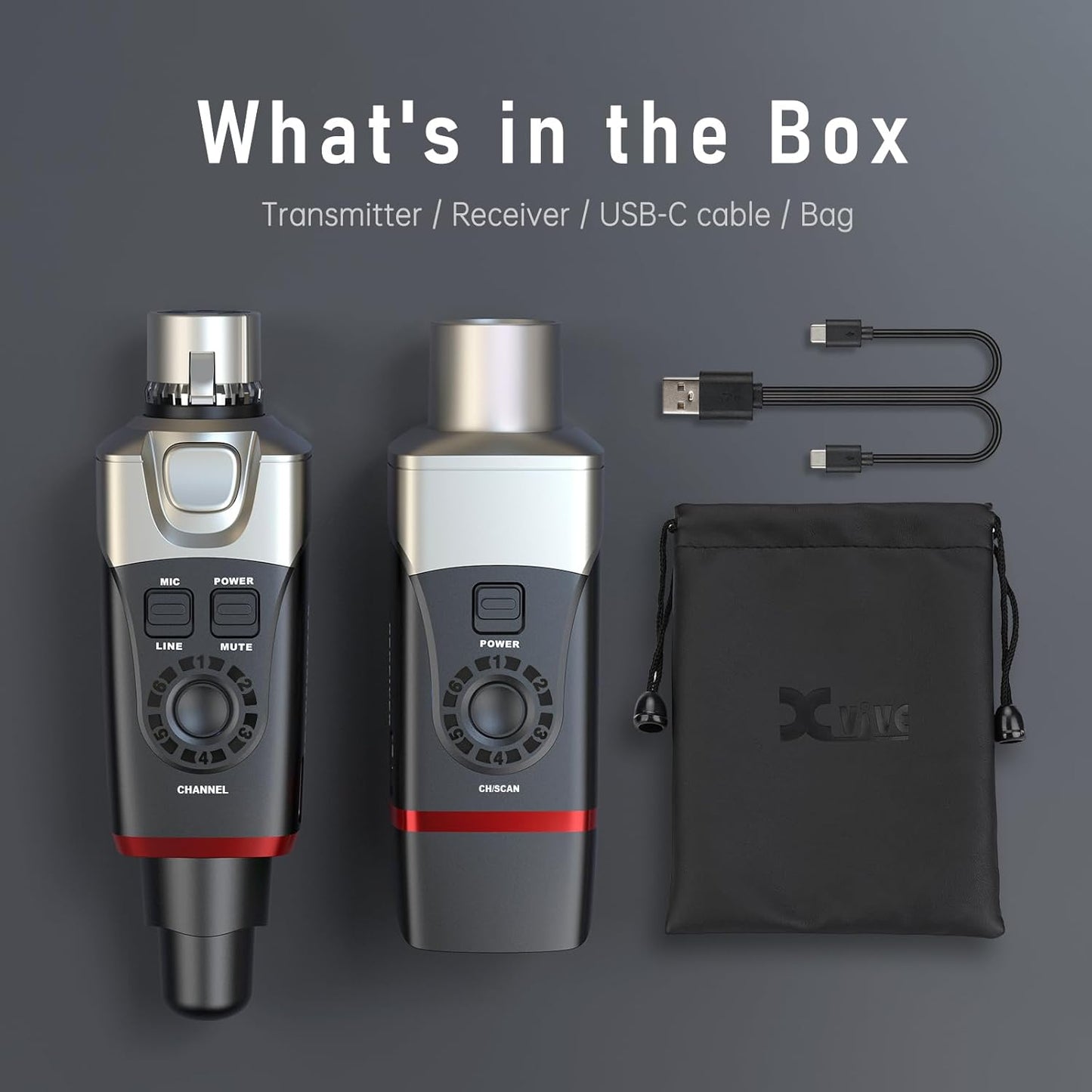Xvive U35 Wireless Mic System: 5.8GHz XLR Transmitter & Receiver, Channel Scan, Compatible with Dynamic Mics, Audio Mixers, PA Systems.